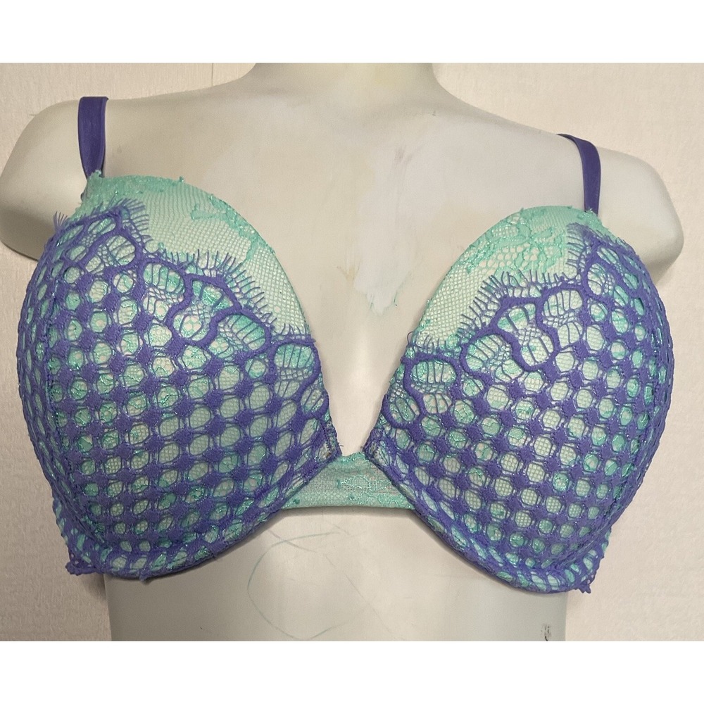 32DDD Victoria's Secret Push Up Very Sexy Blue/Purple &Green Lace Pigeonnant Bra
